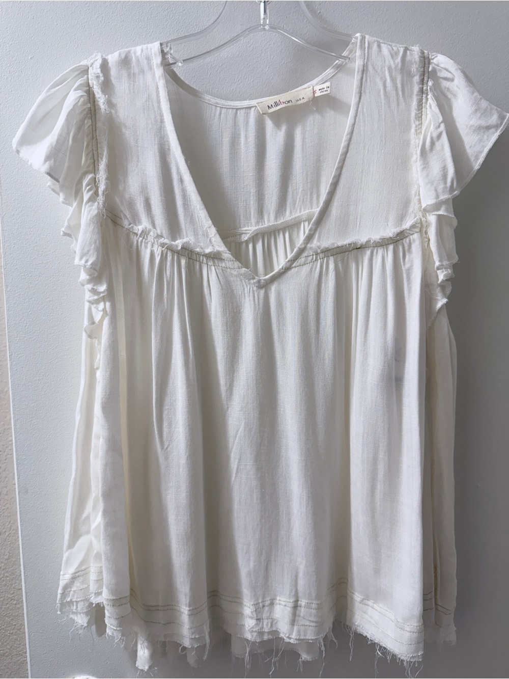 Millibon Ivory V-Neck Ruffle Sleeve Blouse